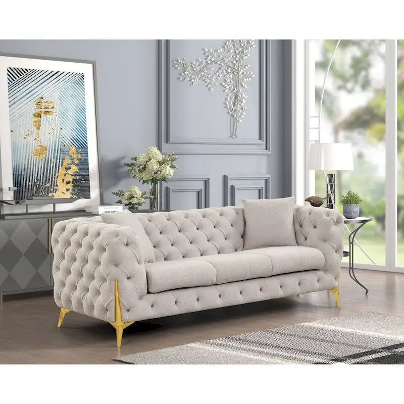 3-Piece Sofa Set with Loveseat & Chair, Buckle Fabric, Button-Tufted, Gold Legs, High-Density Foam