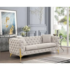 3-Piece Sofa Set with Loveseat & Chair, Buckle Fabric, Button-Tufted, Gold Legs, High-Density Foam