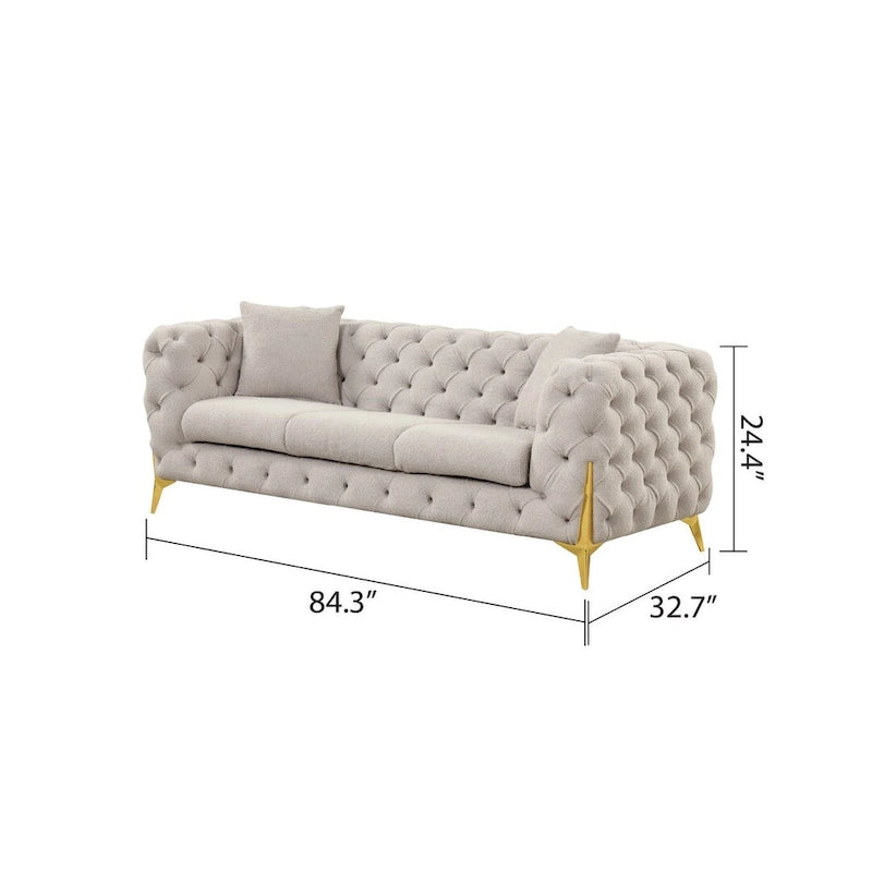 3-Piece Sofa Set with Loveseat & Chair, Buckle Fabric, Button-Tufted, Gold Legs, High-Density Foam