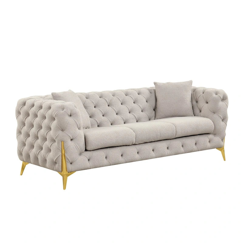 3-Piece Sofa Set with Loveseat & Chair, Buckle Fabric, Button-Tufted, Gold Legs, High-Density Foam