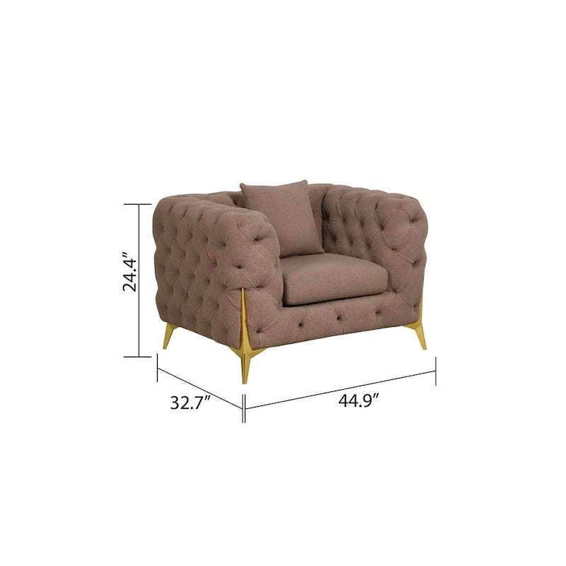 3-Piece Sofa Set with Loveseat & Chair, Buckle Fabric, Button-Tufted, Gold Legs, High-Density Foam