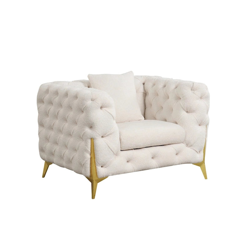 3-Piece Sofa Set with Loveseat & Chair, Buckle Fabric, Button-Tufted, Gold Legs, High-Density Foam