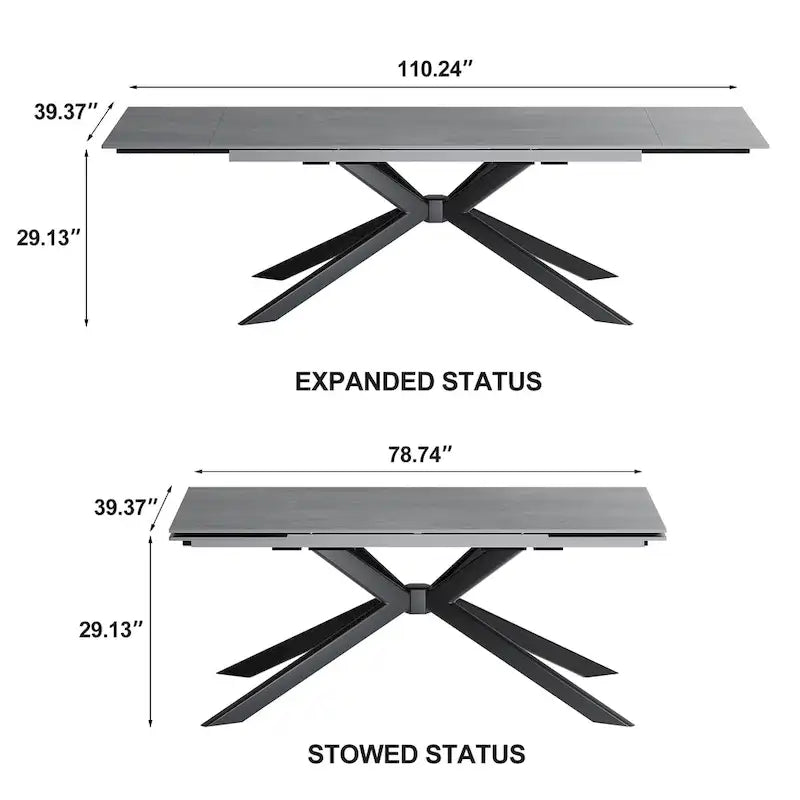 Extendable Sintered Stone Dining Table 78.74"–110.24", Seats 8–10, 4 Color Options, Metal Base