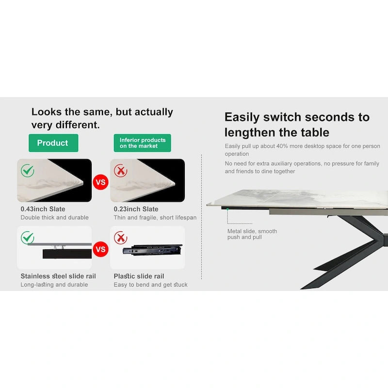 Extendable Sintered Stone Dining Table 78.74"–110.24", Seats 8–10, 4 Color Options, Metal Base