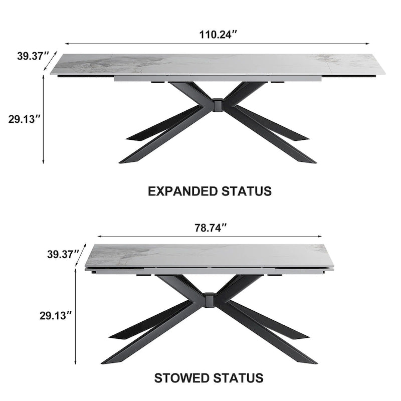 Extendable Sintered Stone Dining Table 78.74"–110.24", Seats 8–10, 4 Color Options, Metal Base