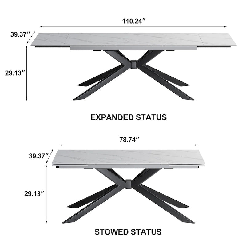 Extendable Sintered Stone Dining Table 78.74"–110.24", Seats 8–10, 4 Color Options, Metal Base