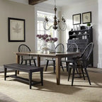 6-Piece Rectangular Dining Table Set with Bench, Rubberwood & Oak, Tobacco & Black Finish
