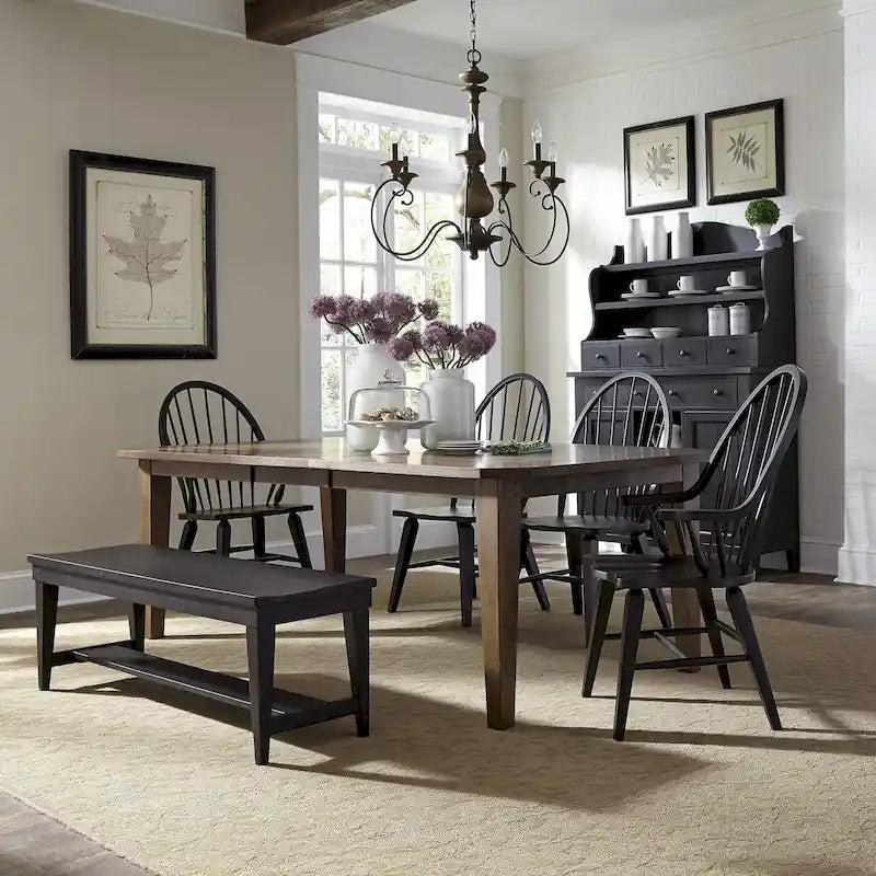 6-Piece Rectangular Dining Table Set with Bench, Rubberwood & Oak, Tobacco & Black Finish