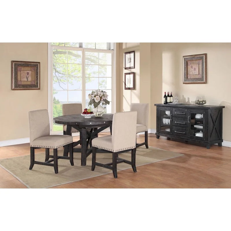 Round Solid Pine Extension Dining Table, Industrial Style, Distressed Black Finish, 54"-72"W x 30"H