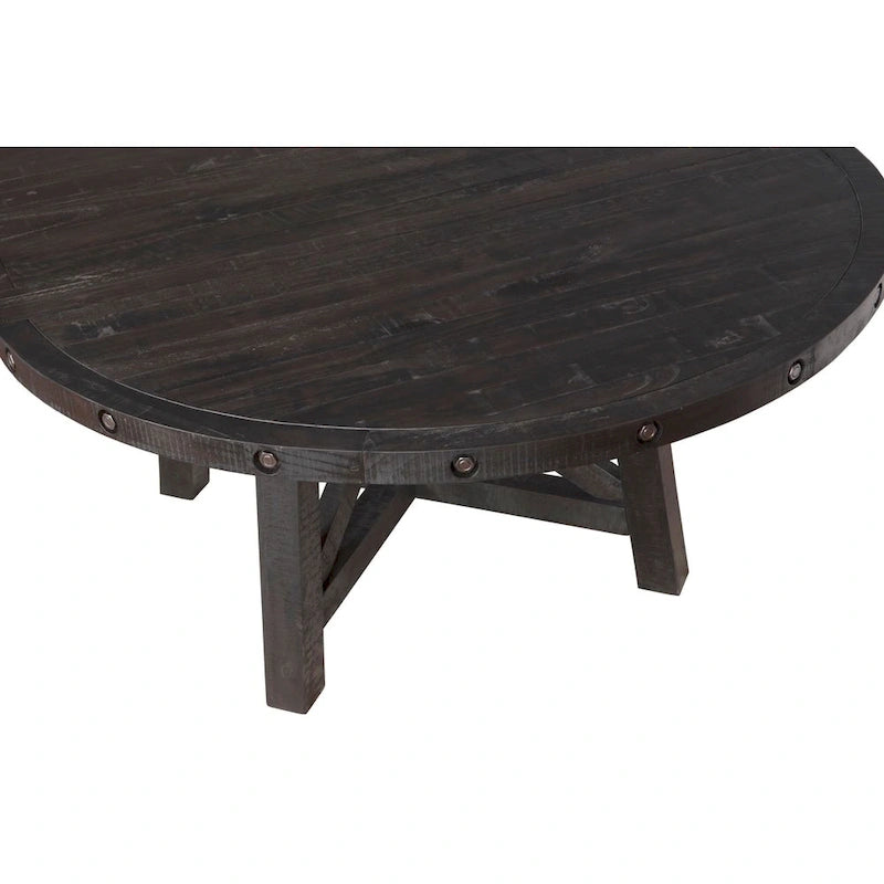 Round Solid Pine Extension Dining Table, Industrial Style, Distressed Black Finish, 54"-72"W x 30"H