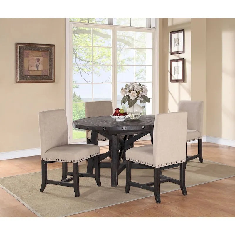 Round Solid Pine Extension Dining Table, Industrial Style, Distressed Black Finish, 54"-72"W x 30"H