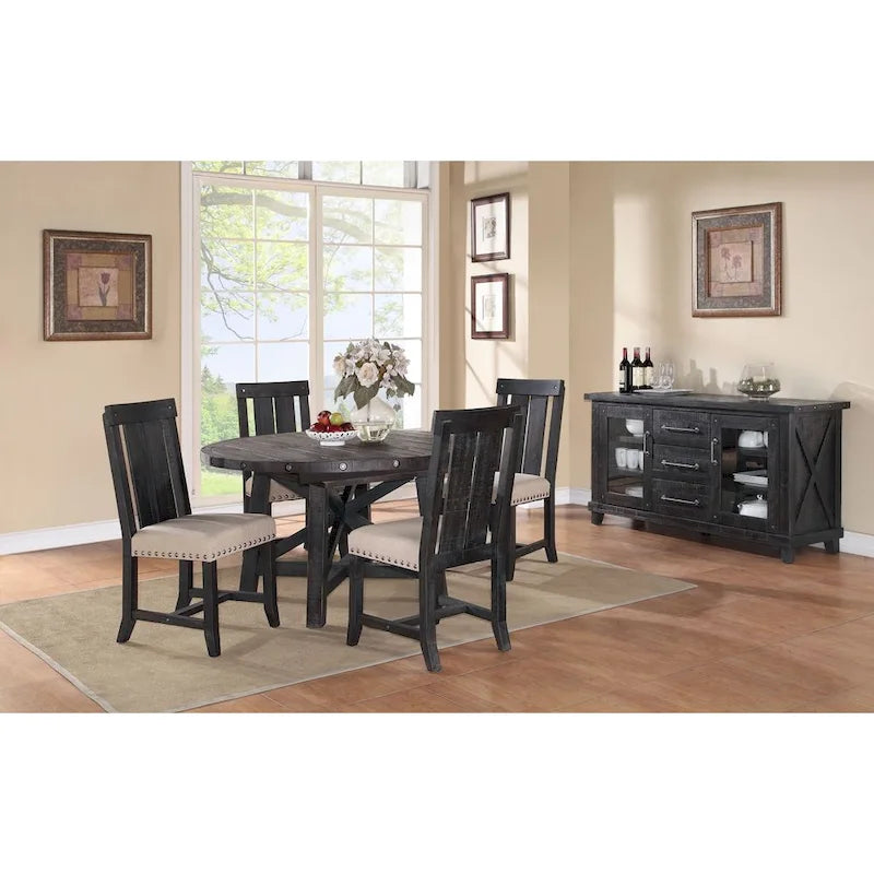 Round Solid Pine Extension Dining Table, Industrial Style, Distressed Black Finish, 54"-72"W x 30"H