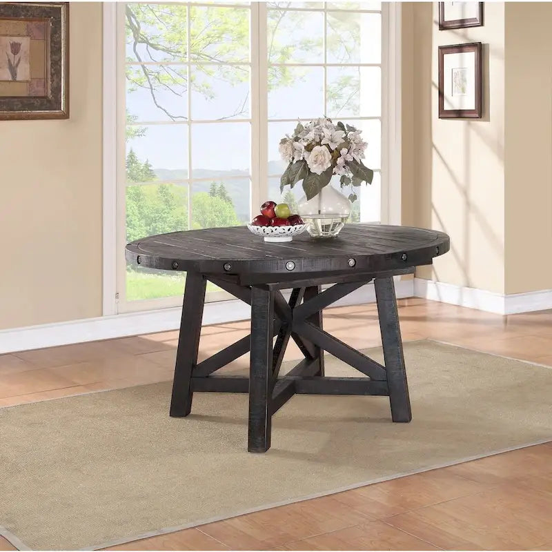 Round Solid Pine Extension Dining Table, Industrial Style, Distressed Black Finish, 54"-72"W x 30"H