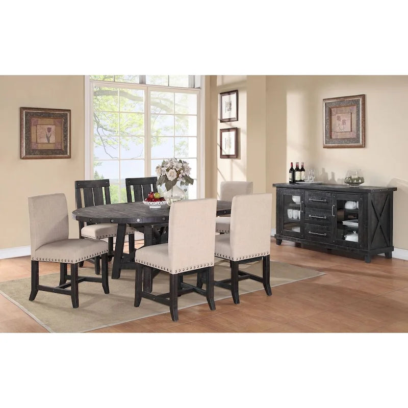 Round Solid Pine Extension Dining Table, Industrial Style, Distressed Black Finish, 54"-72"W x 30"H
