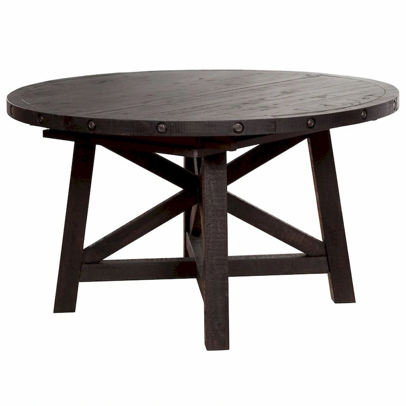 Round Solid Pine Extension Dining Table, Industrial Style, Distressed Black Finish, 54"-72"W x 30"H