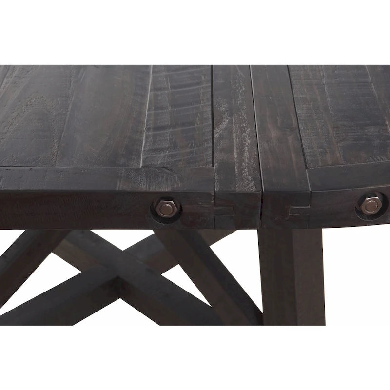 Round Solid Pine Extension Dining Table, Industrial Style, Distressed Black Finish, 54"-72"W x 30"H