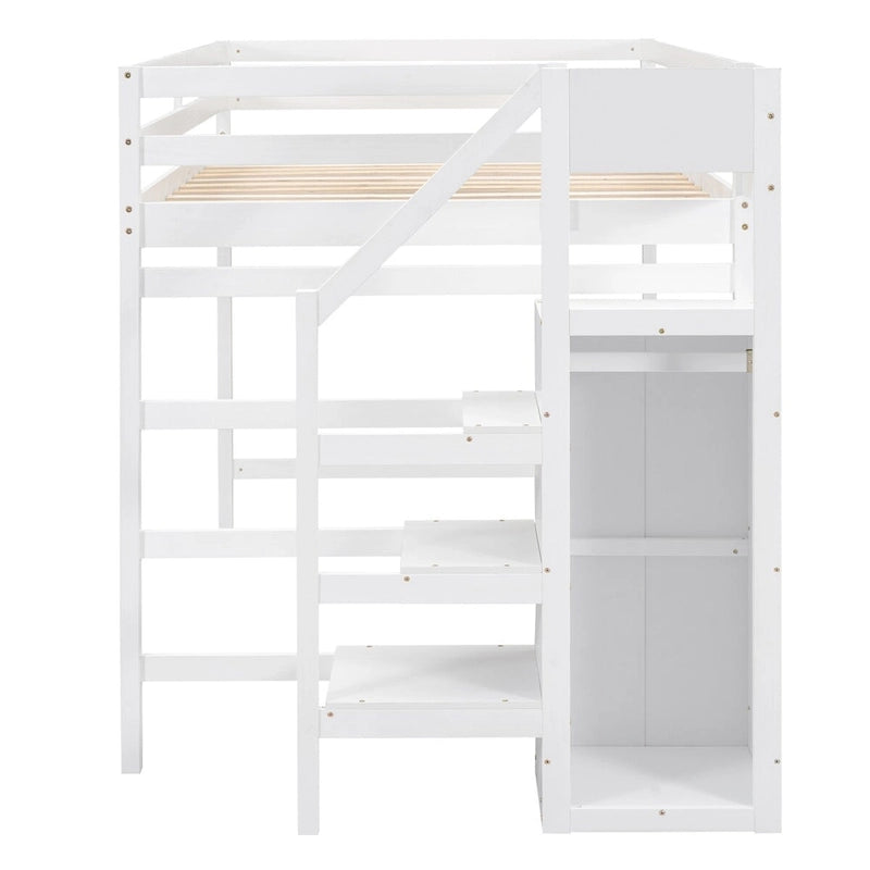 Full Size Loft Bed with Storage Wardrobe & Staircase, Solid Pine Wood Frame, 2 Colors