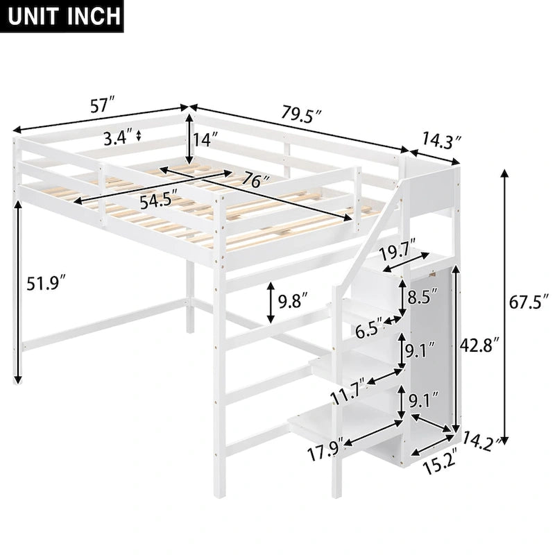 Full Size Loft Bed with Storage Wardrobe & Staircase, Solid Pine Wood Frame, 2 Colors