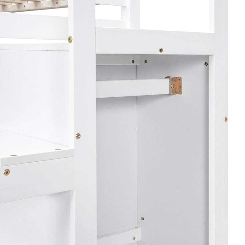 Full Size Loft Bed with Storage Wardrobe & Staircase, Solid Pine Wood Frame, 2 Colors