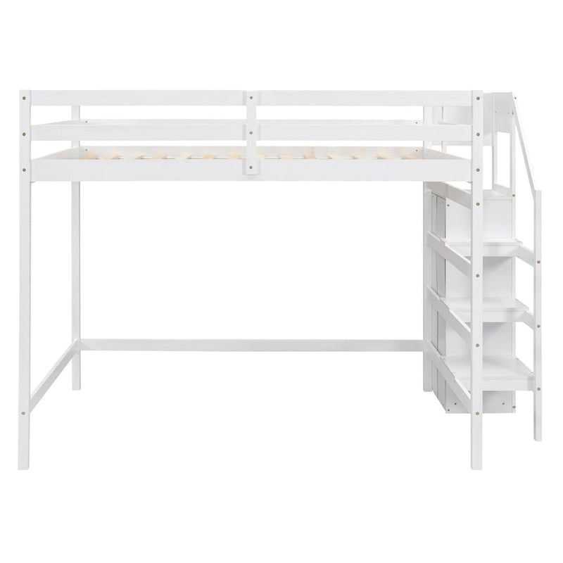 Full Size Loft Bed with Storage Wardrobe & Staircase, Solid Pine Wood Frame, 2 Colors