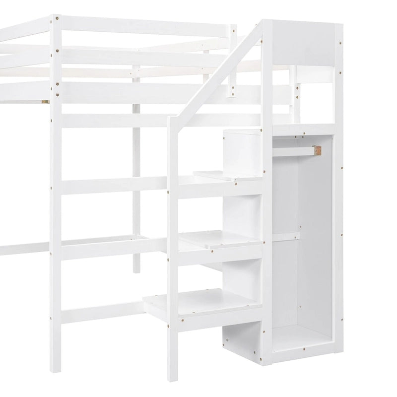 Full Size Loft Bed with Storage Wardrobe & Staircase, Solid Pine Wood Frame, 2 Colors