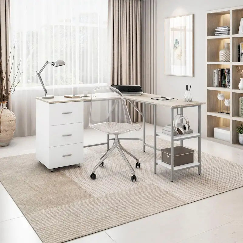 L-Shaped Home Office Desk with 3 Drawers, Adjustable Shelf & Steel Frame | 88 lb Capacity