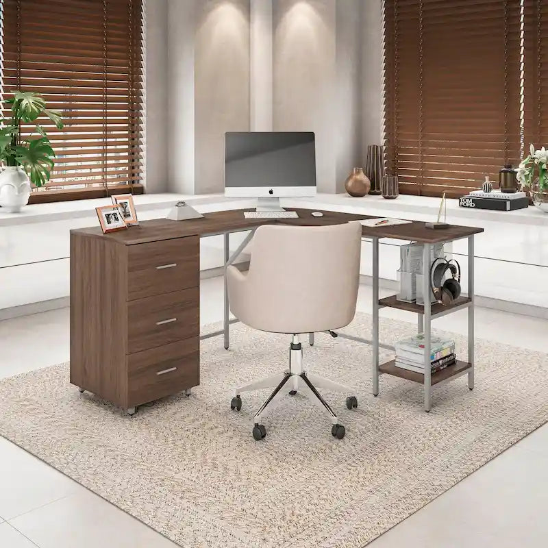 L-Shaped Home Office Desk with 3 Drawers, Adjustable Shelf & Steel Frame | 88 lb Capacity