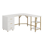 L-Shaped Home Office Desk with 3 Drawers, Adjustable Shelf & Steel Frame | 88 lb Capacity