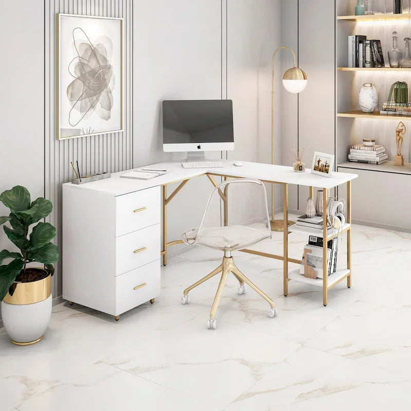L-Shaped Home Office Desk with 3 Drawers, Adjustable Shelf & Steel Frame | 88 lb Capacity