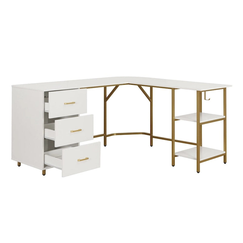 L-Shaped Home Office Desk with 3 Drawers, Adjustable Shelf & Steel Frame | 88 lb Capacity