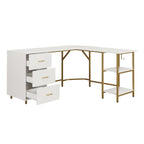 L-Shaped Home Office Desk with 3 Drawers, Adjustable Shelf & Steel Frame | 88 lb Capacity