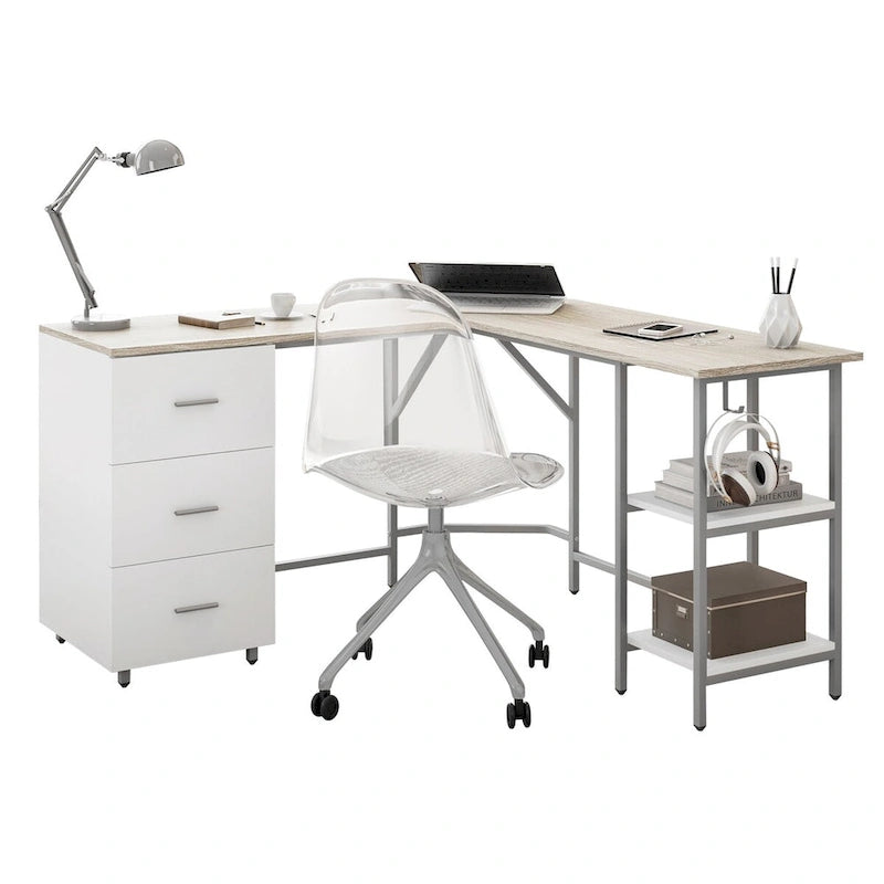 L-Shaped Home Office Desk with 3 Drawers, Adjustable Shelf & Steel Frame | 88 lb Capacity