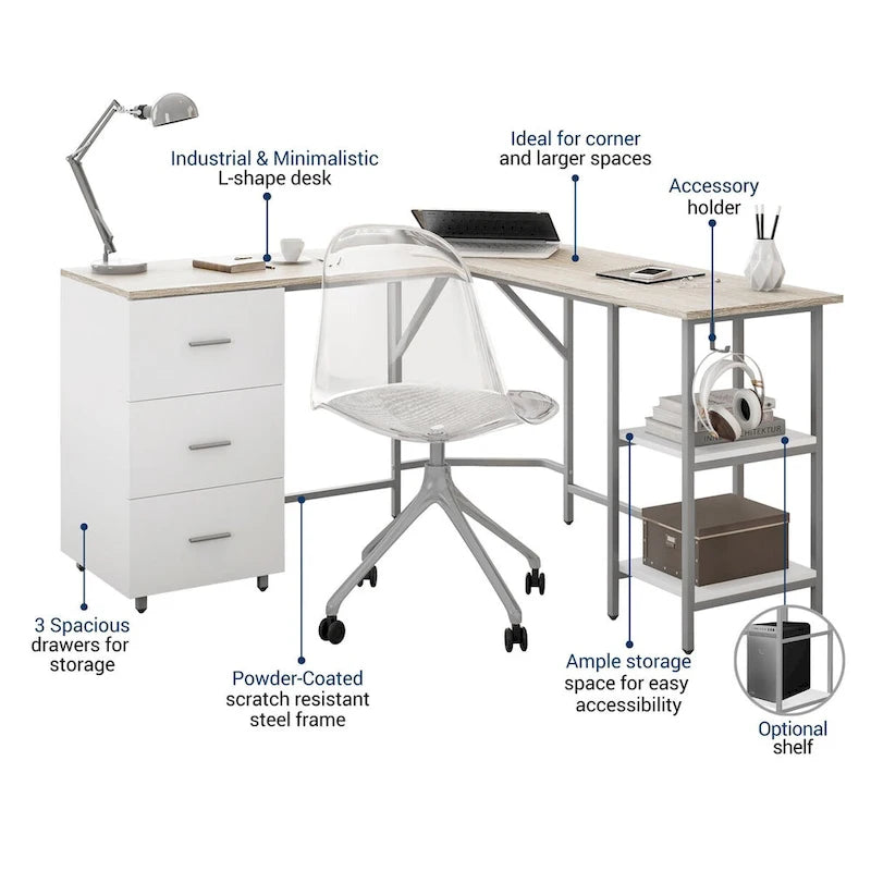 L-Shaped Home Office Desk with 3 Drawers, Adjustable Shelf & Steel Frame | 88 lb Capacity