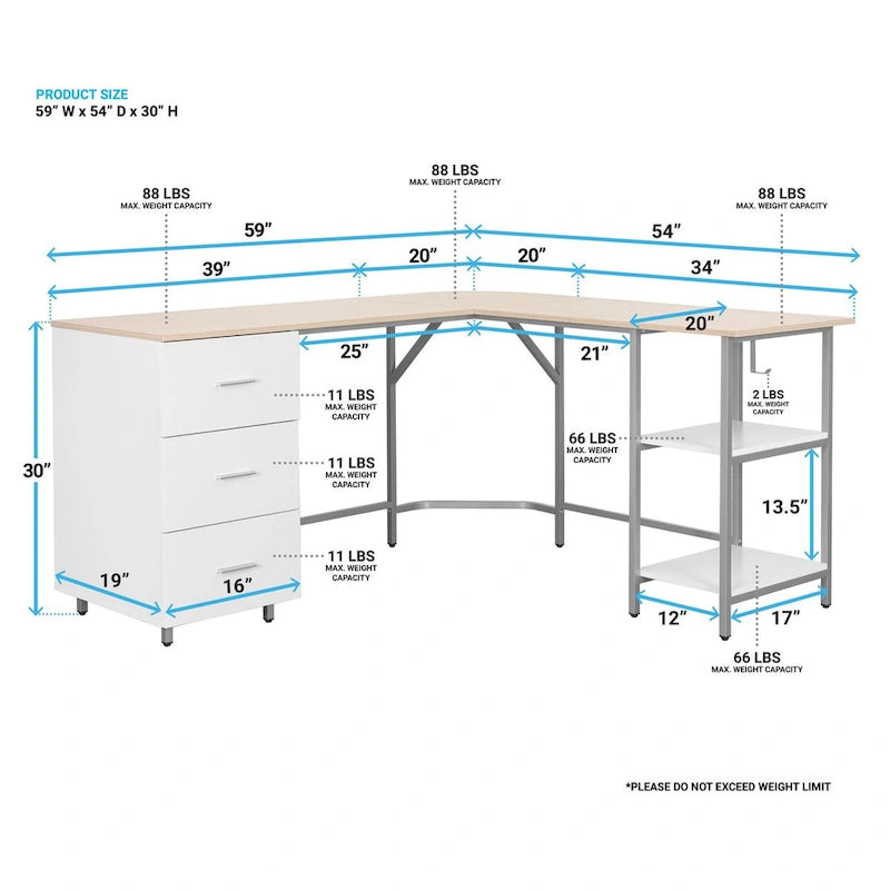 L-Shaped Home Office Desk with 3 Drawers, Adjustable Shelf & Steel Frame | 88 lb Capacity