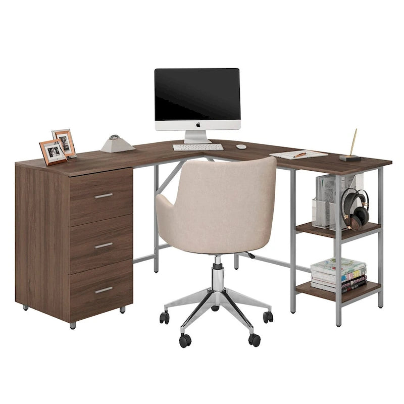 L-Shaped Home Office Desk with 3 Drawers, Adjustable Shelf & Steel Frame | 88 lb Capacity