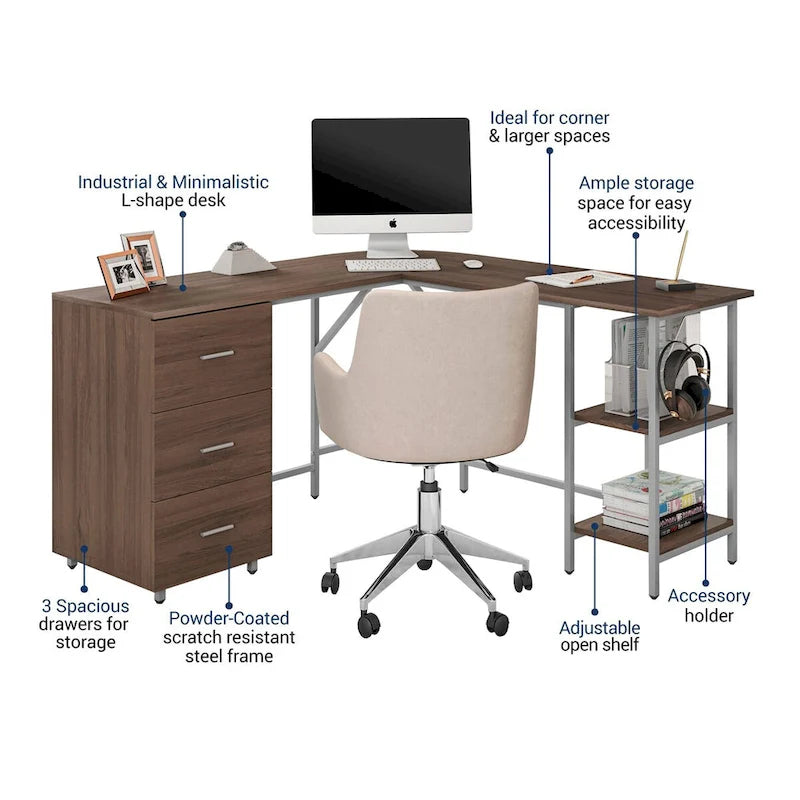 L-Shaped Home Office Desk with 3 Drawers, Adjustable Shelf & Steel Frame | 88 lb Capacity