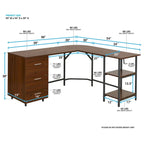 L-Shaped Home Office Desk with 3 Drawers, Adjustable Shelf & Steel Frame | 88 lb Capacity