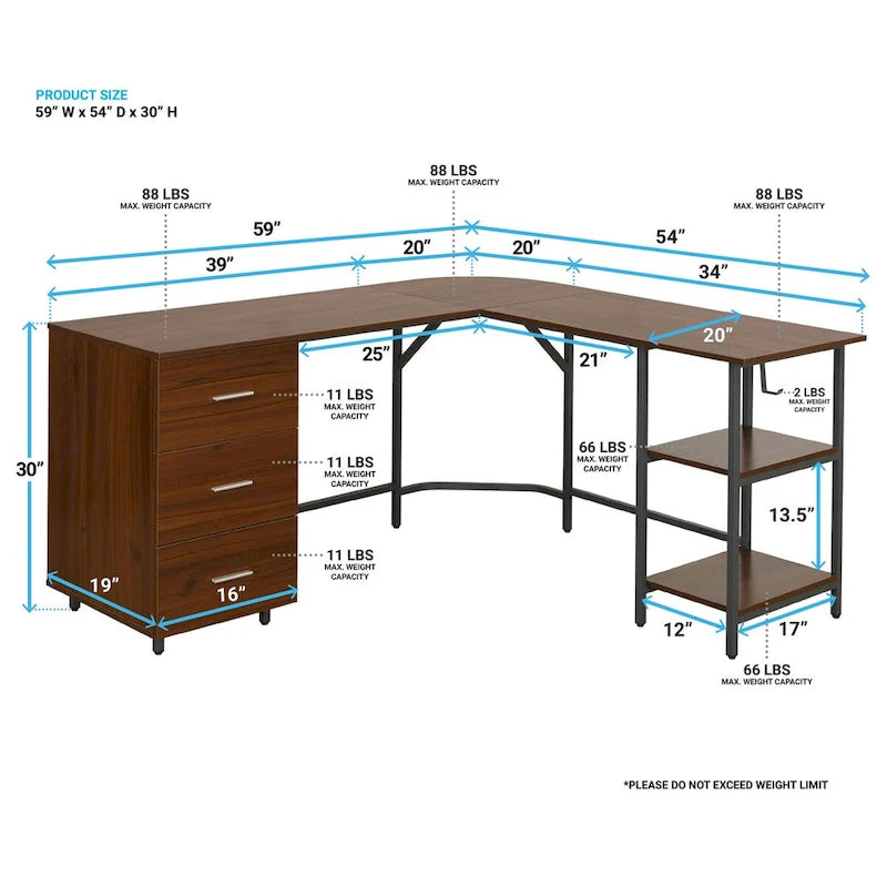 L-Shaped Home Office Desk with 3 Drawers, Adjustable Shelf & Steel Frame | 88 lb Capacity