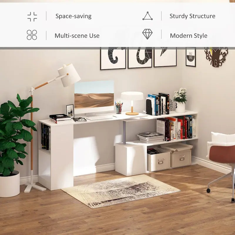 L-Shaped Corner Desk with Rotating Design, 2-Tier S-Shelf & 2 Storage Cubbies, Engineered Wood, White