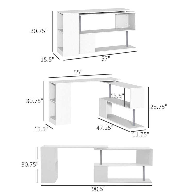 L-Shaped Corner Desk with Rotating Design, 2-Tier S-Shelf & 2 Storage Cubbies, Engineered Wood, White