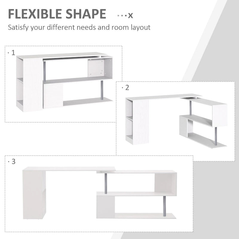 L-Shaped Corner Desk with Rotating Design, 2-Tier S-Shelf & 2 Storage Cubbies, Engineered Wood, White