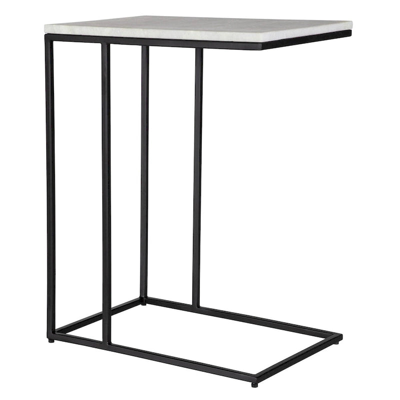 Black Metal Frame Side Table with White Marble Top, Open Shelf, Modern Industrial Style