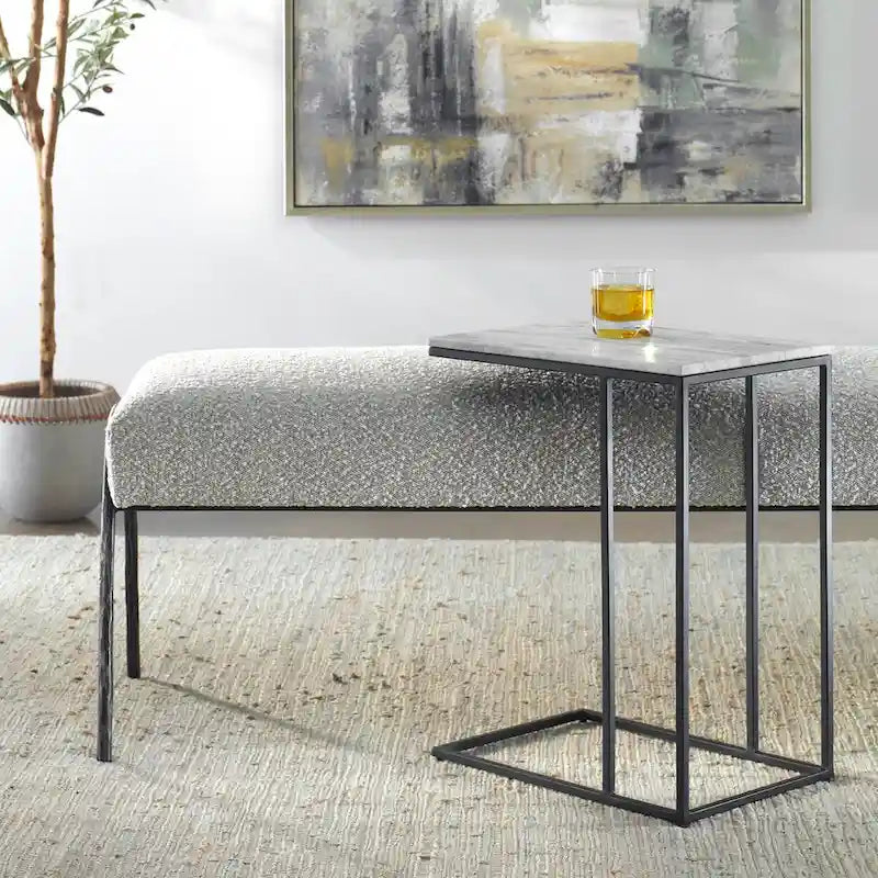 Black Metal Frame Side Table with White Marble Top, Open Shelf, Modern Industrial Style