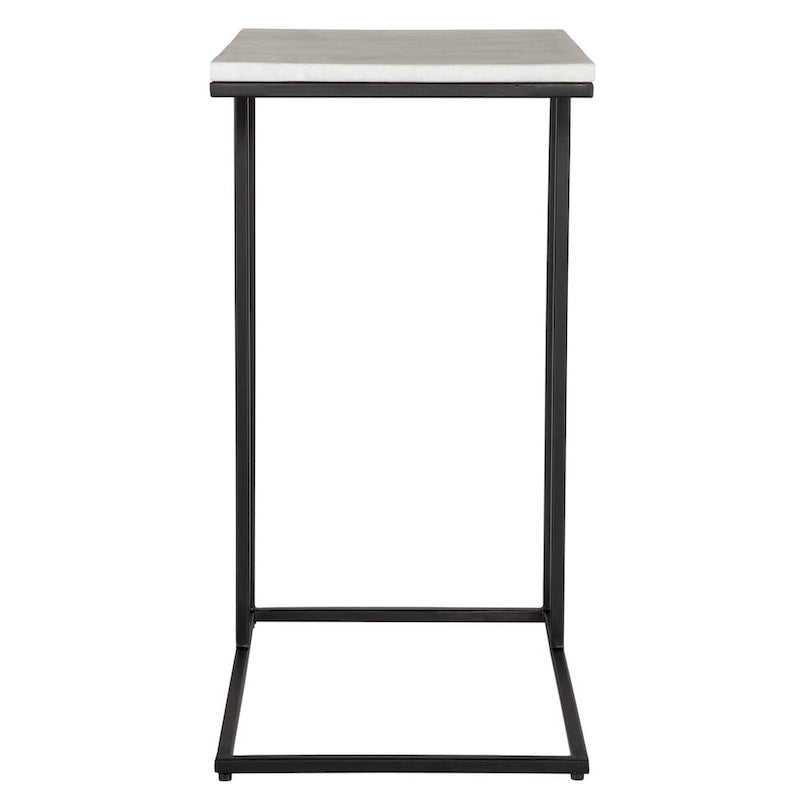 Black Metal Frame Side Table with White Marble Top, Open Shelf, Modern Industrial Style