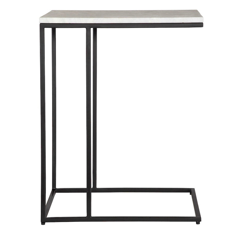 Black Metal Frame Side Table with White Marble Top, Open Shelf, Modern Industrial Style