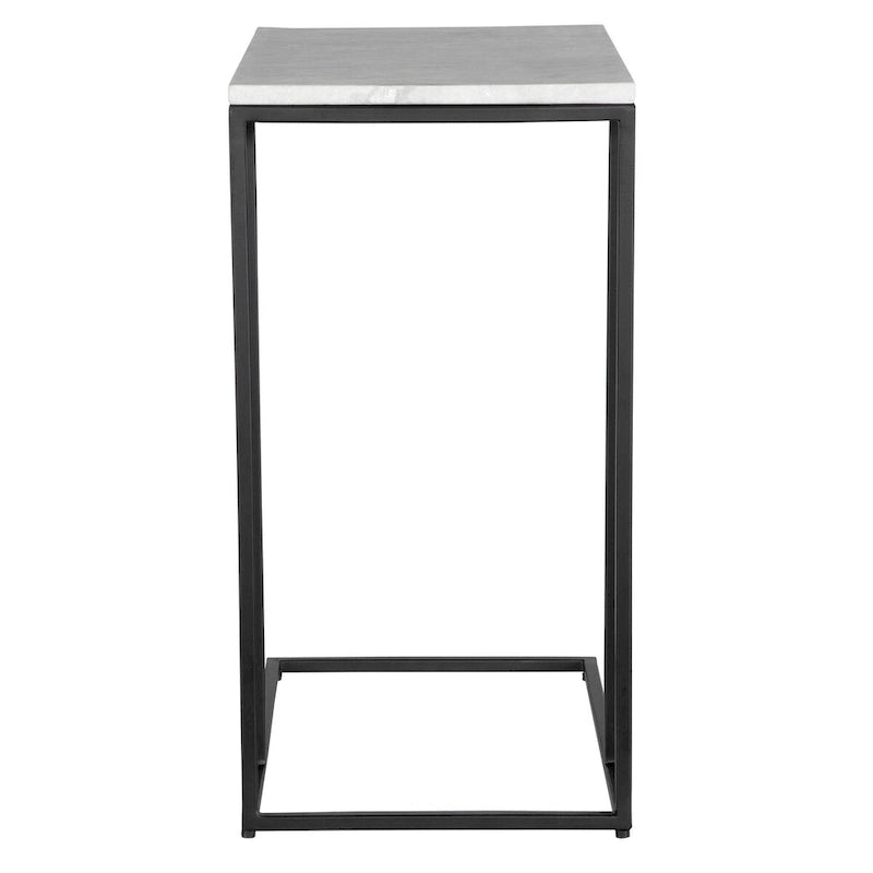 Black Metal Frame Side Table with White Marble Top, Open Shelf, Modern Industrial Style