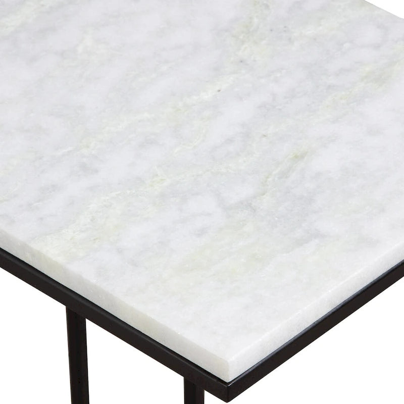 Black Metal Frame Side Table with White Marble Top, Open Shelf, Modern Industrial Style