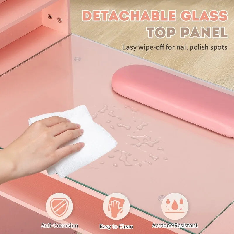 Embossed Particle Board Tempered Glass 55 W Manicure Table