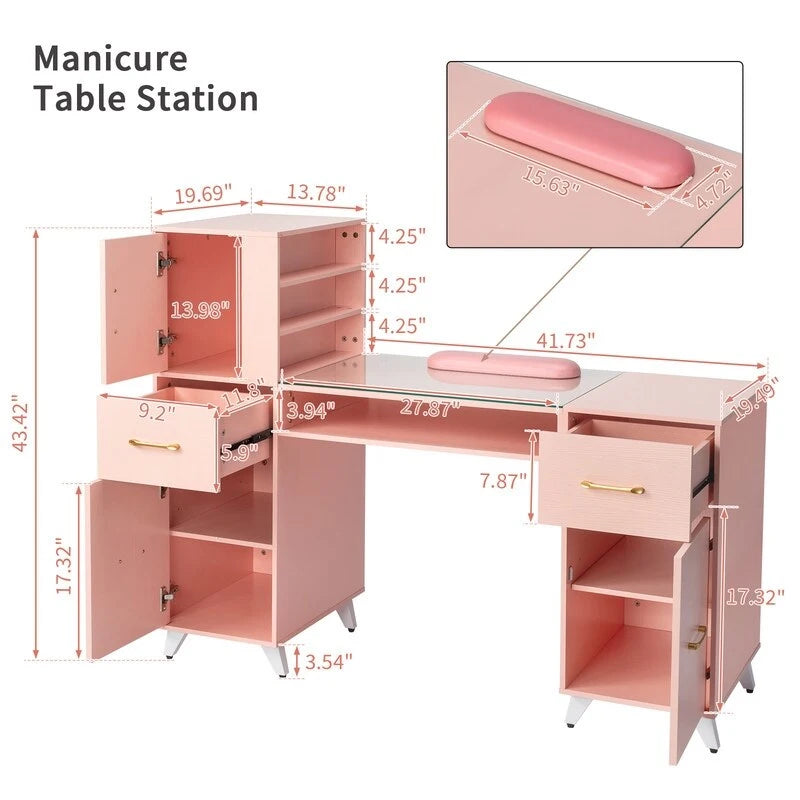 Embossed Particle Board Tempered Glass 55 W Manicure Table