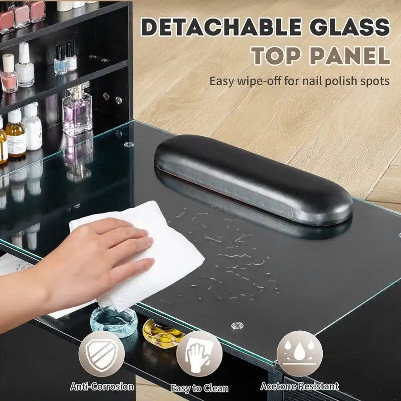 Embossed Particle Board Tempered Glass 55 W Manicure Table